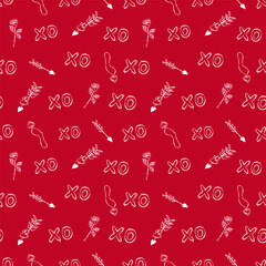 Stylish graphic seamless pattern with hand drawn Valentine elements. Red and white monochrome outline background for wrapping paper, fabrics, wallpapers, postcards.