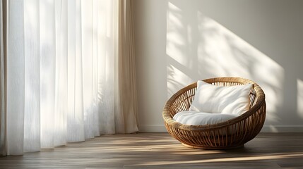 Fototapeta premium Round rattan chair sits by window with sheer curtains filtering natural sunlight. Minimalist interior features wooden flooring and clean white walls, creating zen-like contemporary atmosphere.