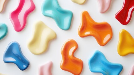 Colorful abstract blobs and shapes arranged artistically on a pristine white background showcasing a playful design concept.