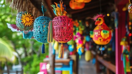 Colorful Traditional Decorations Hanging in a Vibrant Carnival Pub Setting