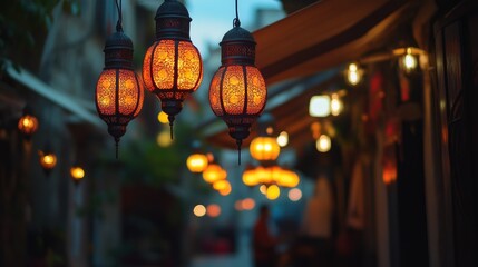 Turkish historical lanterns illuminating a charming street at dusk showcasing intricate designs and...