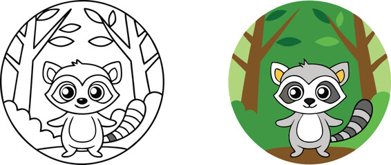 Adorable Raccoon Coloring Page Forest Habitat, Cute Animal