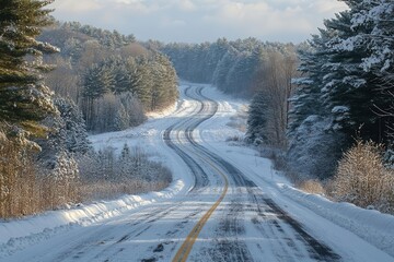 Obraz premium snow-covered rural highway stretching towards horizon with ice-glazed pine trees and pristine winter wilderness landscape