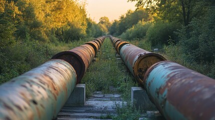 Aged biofuel pipelines amidst lush greenery showcasing nature reclaiming industrial infrastructure.