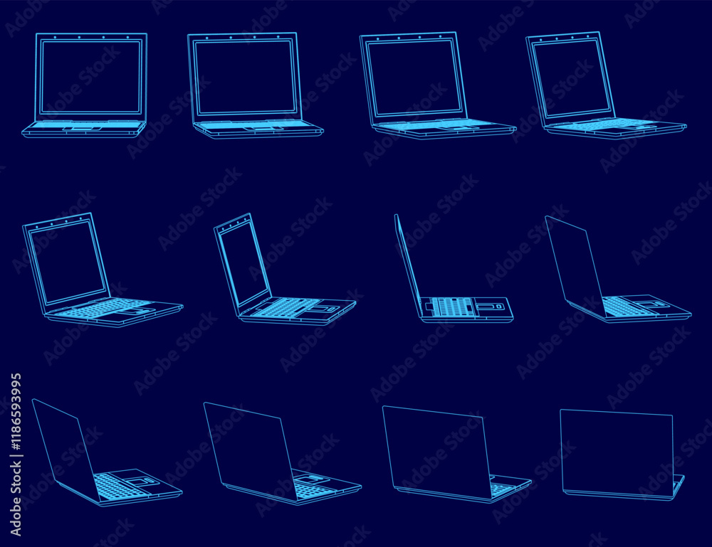 Poster series of blue laptop images are shown in a row. the laptops are all open and have a similar design.
