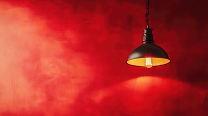 Obraz premium Vintage brown hanging lamp illuminated against a rich red wall creating a warm and inviting atmosphere in retro interior design.
