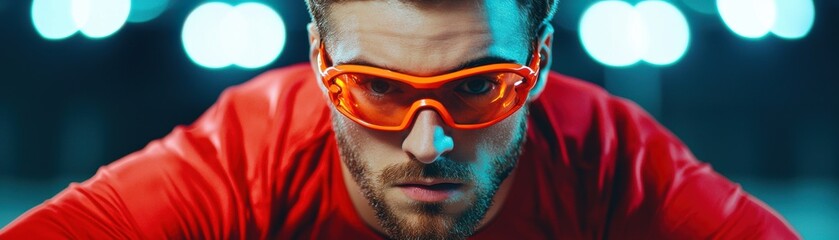 Athletic Male in Red Sportswear Wearing Orange Goggles Ready to Compete