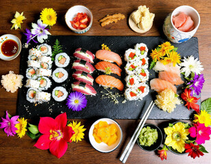 Vibrant Sushi Plate with Rolls, Sashimi, Nigiri, Wasabi, Soy Sauce, Pickled Ginger, and Edible Flowers