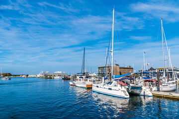 A view from the harbor towards Goat Island and Narragansett bay at Newport, USA in the fall