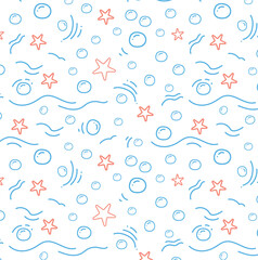Light abstract underwater pattern with waves, bubbles and starfish. Seamless background in the form of doodle lines. Vector wallpaper for fabric, wrapping paper, design.