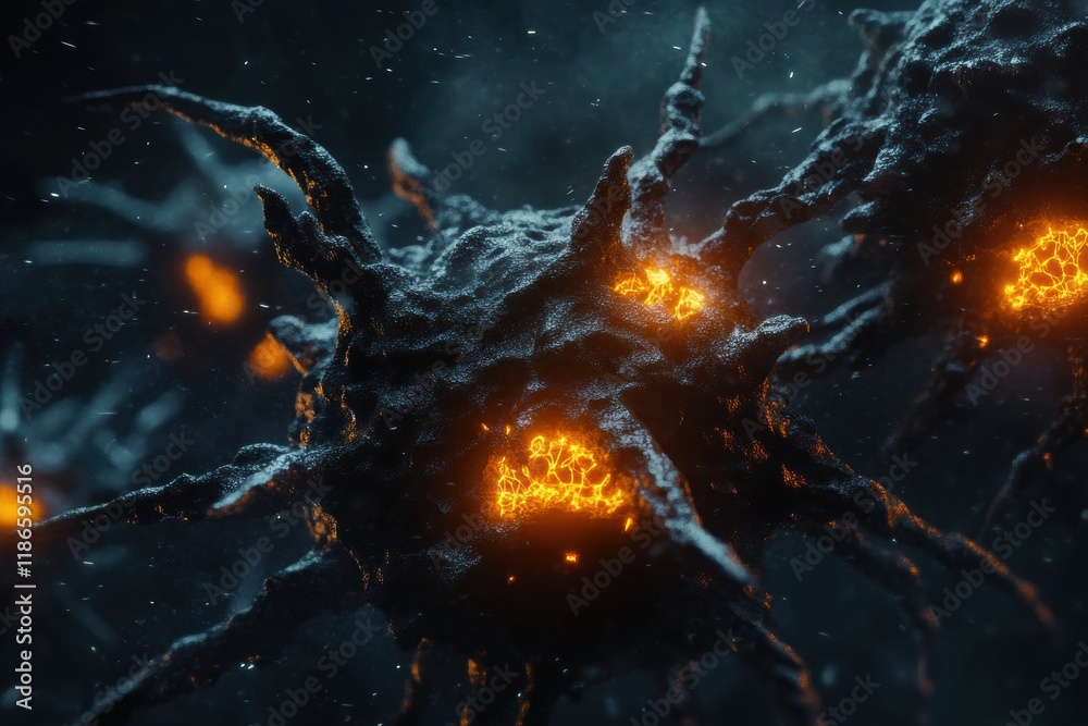 Fototapete Detailed 3D visualization of a virus structure highlighting capsid spikes and glowing molecular details with RNA strands. Generative AI