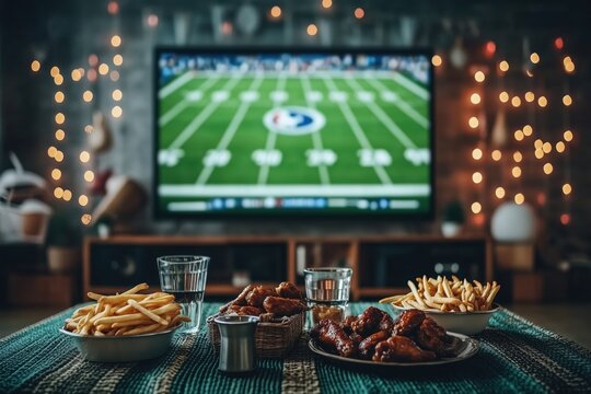 Gathering for sports viewing with food and drinks in cozy living room during evening hours