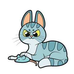 Obraz premium Cute cartoon kitten hunts a toy mouse on a white background