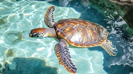 Obraz premium Graceful sea turtle gliding through vibrant turquoise waters in a serene ocean environment