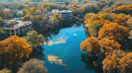 Fototapeta premium Aerial view of Silver Springs showcasing vibrant autumn foliage surrounding a serene blue lake and picturesque buildings.