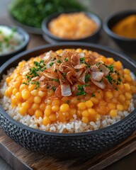 Delicious bowl of yellow split peas with rice, crispy fried onions, and fresh herbs.  Aromatic and flavorful dish, perfect for a comforting meal.