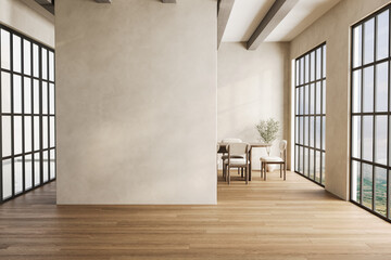 Minimalist empty room with wooden flooring, large grid windows, neutral walls, and exposed ceiling...