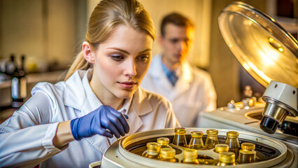 Univesity Lab. Focused young female scientist working with a centrifuge in a laboratory, professional setting, copy space