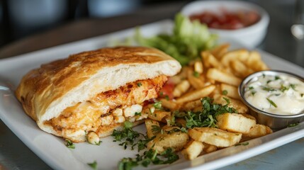 Seafood Chalupa with Crispy Fish Sandwich and Golden French Fries on a White Plate