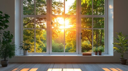 Modern white window frame bathes in golden sunlight, featuring transparent glass panes with green trees visible outside. Dramatic sun rays create lens flare and soft shadows peaceful morning