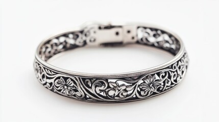 Ornate silver female bracelet showcasing intricate floral design against a pristine white background for jewelry marketing and presentation.