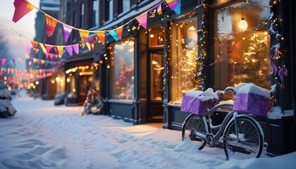 Festive shopfront with decorations and snowy bicycle