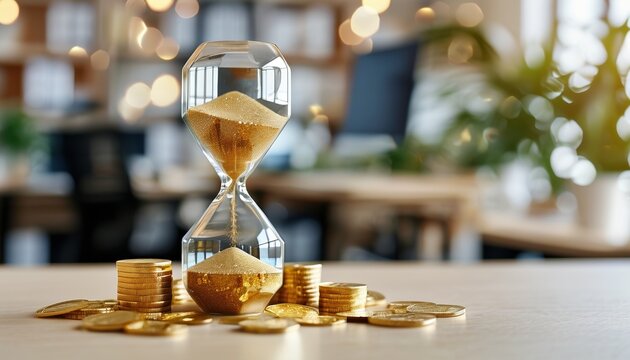 Time management concept with hourglass and coins