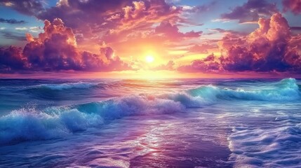 Obraz premium Vibrant Sunset Over Ocean Waves with Dramatic Clouds Showcasing Nature's Serene Beauty