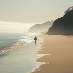 Man walks along a serene beach at sunrise with golden sands and gentle waves near a coastal cliff
