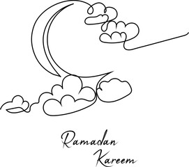 Crescent Moon One-Line Drawing, Outline Vector Illustration for Ramadan Design