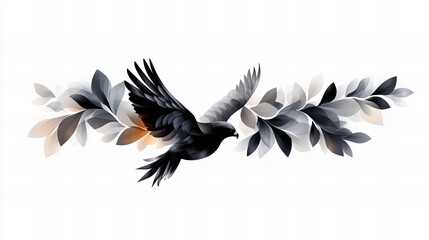 Fototapeta premium Elegant black bird in flight, surrounded by grayscale leaves. A serene and artistic image.