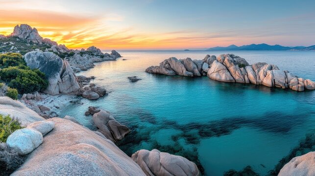 Tranquil Sunset Over Calm Sea with Dramatic Rocky Outcrops and Clear Waters in Coastal Landscape