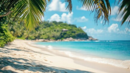 Serene blurred beach coastline panorama with lush greenery and space for content overlay in a tranquil tropical setting