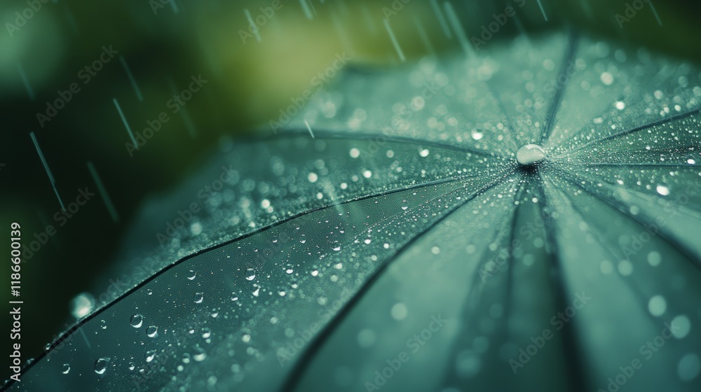 Poster rain falling on a dark green umbrella surface creates a captivating pattern of water drops, reflecti
