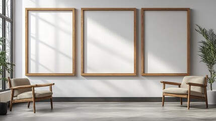 Artistic and Minimalist Interior Space Featuring Three Empty Frames, Wooden Chairs, Natural Light, and Indoor Plants in Modern Design