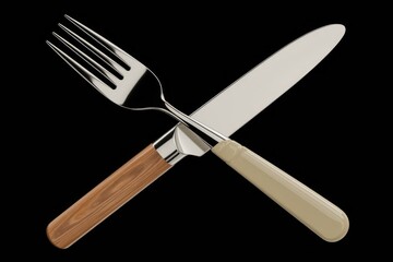 A silver fork and knife with wooden and beige handles crisscrossed on a transparent background.