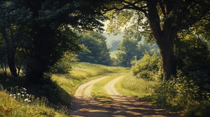 Obraz premium Serene summer rural road surrounded by lush greenery and trees creating a picturesque scenic pathway in nature.