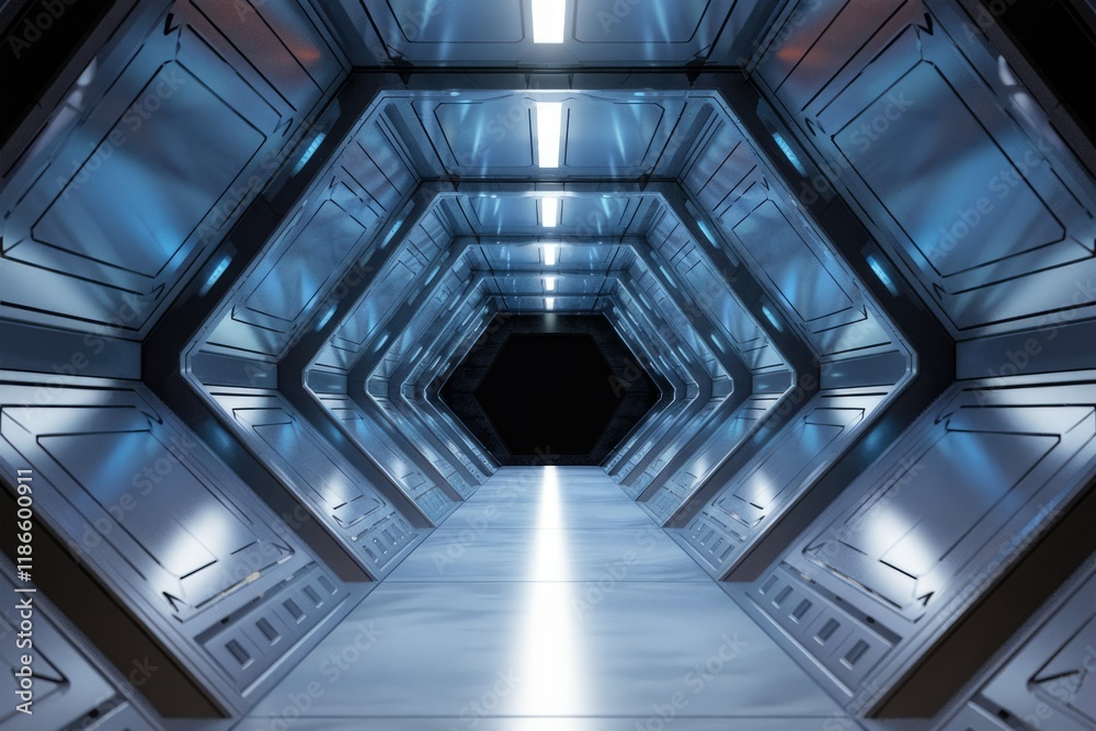 Aufkleber futuristic metallic corridor with hexagonal walls and bright lights leading to a dark end.