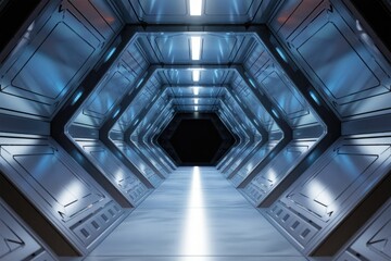 Obraz premium Futuristic metallic corridor with hexagonal walls and bright lights leading to a dark end.