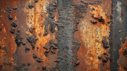 Rusty metal surface texture with corroded patches and vibrant orange and brown hues for industrial or vintage design concepts.