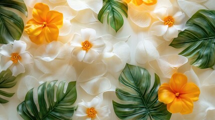 Seamless tropical wallpaper featuring vivid monstera leaves and vibrant flowers illuminated by soft sunlight for a refreshing botanical aesthetic