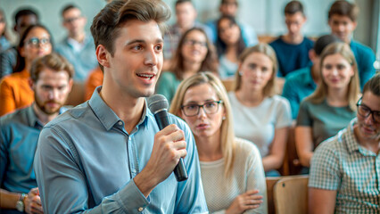 Lecture hall. Confident young man speaking in lecture hall, engaging audience during educational presentation, copy space
