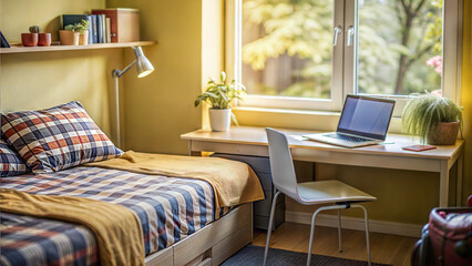 Student Dorms. Cozy student dorm room with bed and desk, warm atmosphere for study and relaxation, copy space
