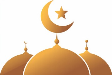 Golden crescent moon and star atop three mosque domes; Islamic symbol.