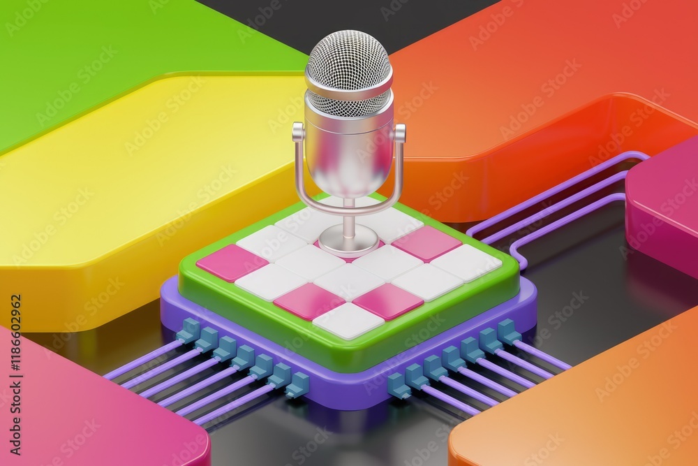 Poster a silver microphone sits atop a colorful, geometric data processing unit, symbolizing digital audio.