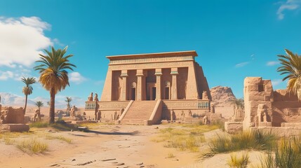 Obraz premium Ancient temple structure surrounded by desert landscape and palm trees under a clear blue sky.
