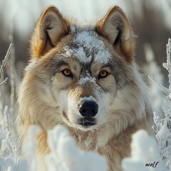 Obraz premium Snow-covered wolf stares intensely in winter.