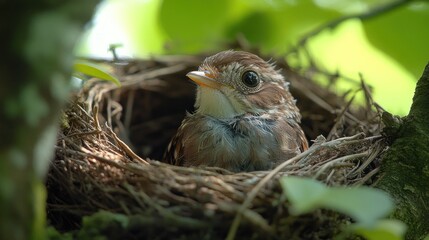 A baby bird nestled in its nest amongst green leaves.