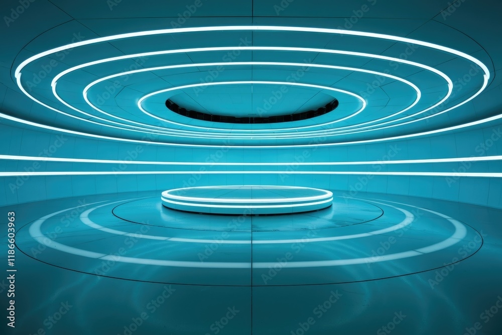 Poster futuristic circular room with a glowing platform, cyan blue, sleek design, modern architecture.