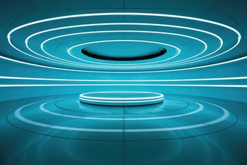 Fototapeta premium Futuristic circular room with a glowing platform, cyan blue, sleek design, modern architecture.